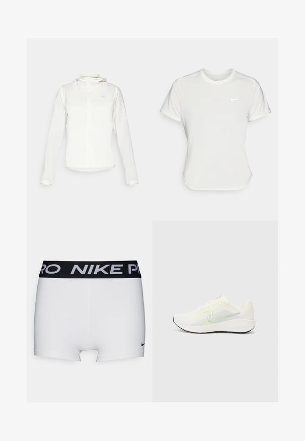 Hvid Nike-jakke med hætte, fuld lynlås, elastiske manchetter og et diskret logo på brystet. Glat tekstur og let design.; Nike T-shirt i hvid, med korte ærmer, rund halsudskæring, lavet af et glat, let stof. Har et diskret logo på brystet.; Hvide atletiske shorts med et sort Nike Pro bælte. Har en glat tekstur og et lille sort Nike-logo nær kanten.; Nike Performance DOWNSHIFTER 13 - Løbesko til landevejen - sail/silver-coloured photon dust/summit white/barely volt/black
