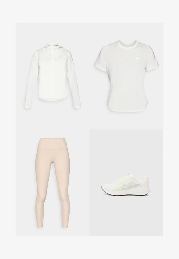Balta Nike striukė su gobtuvu, pilnu užtrauktuku, elastingomis rankovėmis ir subtiliu logotipu ant krūtinės. Sklandi tekstūra ir lengvas dizainas.; Nike marškinėliai balti, trumpomis rankovėmis, apvaliu iškirpimu, pagaminti iš lygaus, lengvo audinio. Yra subtilus logotipas ant krūtinės.; Bežinės gyslotos leginsai su aukštu juosmeniu. Jie turi lygų paviršių ir tvirtai priglundančią konstrukciją, be matomų siūlių ar logotipų.; Nike Performance DOWNSHIFTER 13 - Bėgimo batai plentui - sail/silver-coloured photon dust/summit white/barely volt/black