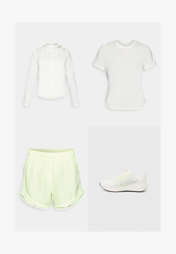 Valkoinen Nike-takki hupulla, täyspitkällä vetoketjulla, joustavilla hihansuilla ja hillityllä logolla rinnassa. Sujuva pinta ja kevyt muotoilu.; Nike T-paita valkoisena, lyhythihaisena, pyöreällä kaula-aukolla, valmistettu sileästä, kevyestä kankaasta. Rinnassa on huomaamaton logo.; Vaaleanvihreät urheilushortsit, joissa on joustava vyötärö, verkkosivupaneelit ja pieni valkoinen logo vasemmalla alhaalla.; Nike Performance DOWNSHIFTER 13 - Katujuoksukengät - sail/silver-coloured photon dust/summit white/barely volt/black