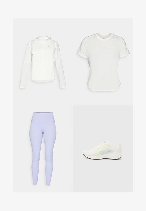 Bílá bunda Nike s kapucí, plným zipem, elastickými manžetami a decentním logem na hrudi. Hladká textura a lehký design.; Bílá Nike tričko s krátkými rukávy, kulatým výstřihem, vyrobené z hladké, lehké tkaniny. Obsahuje decentní logo na hrudi.; Svetle fialové legíny s vysokým pasem, vyrobené z elastické tkaniny. Hladká textura a žádné viditelné vzory či kovové detaily.; Nike Performance DOWNSHIFTER 13 - Silniční běžecké boty - sail/silver-coloured photon dust/summit white/barely volt/black