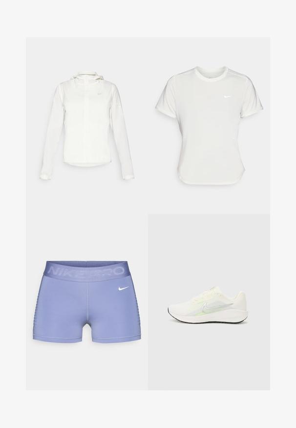 Veste blanche Nike avec capuche, fermeture éclair intégrale, poignets élastiques et un logo discret sur la poitrine. Texture lisse et design léger.; T-shirt Nike en blanc, à manches courtes, col rond, fabriqué dans un tissu lisse et léger. Présente un logo discret sur la poitrine.; Shorts de compression Nike Pro en violet clair, avec une large ceinture comportant le texte "NIKE PRO", une texture lisse et des accents latéraux à motifs.; Nike Performance DOWNSHIFTER 13 - Chaussures de running sur route - sail/silver-coloured photon dust/summit white/barely volt/black