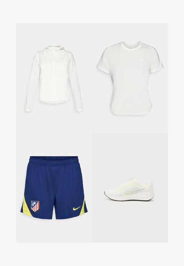 Veste blanche Nike avec capuche, fermeture éclair intégrale, poignets élastiques et un logo discret sur la poitrine. Texture lisse et design léger.; T-shirt Nike en blanc, à manches courtes, col rond, fabriqué dans un tissu lisse et léger. Présente un logo discret sur la poitrine.; Shorts de sport bleu marine avec des accents jaunes, dotés d'une taille élastique et d'inserts latéraux. Logo du club brodé sur la cuisse gauche.; Nike Performance DOWNSHIFTER 13 - Chaussures de running sur route - sail/silver-coloured photon dust/summit white/barely volt/black