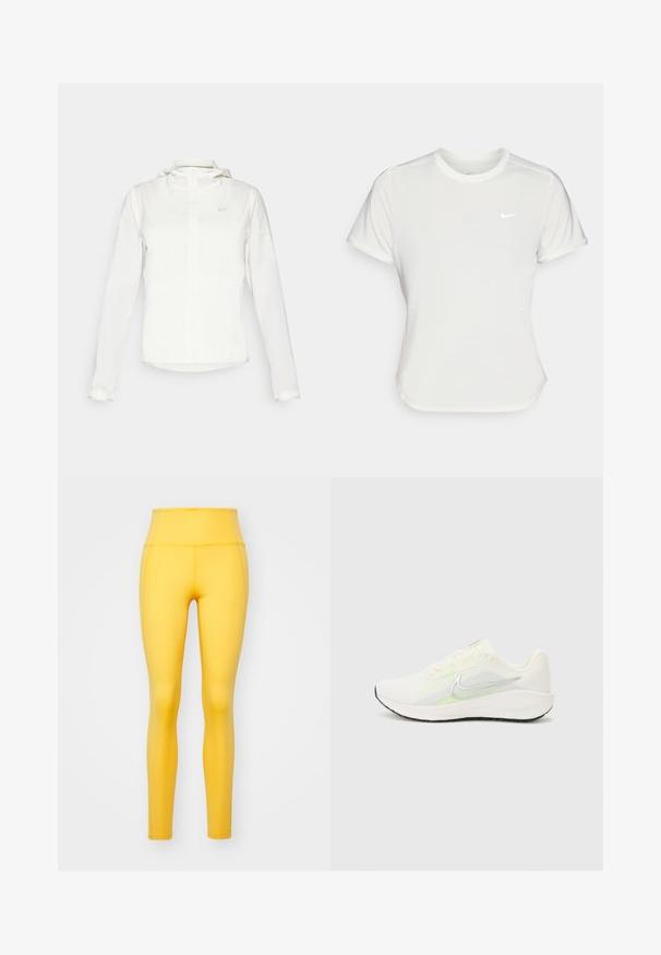 Giacca Nike bianca con cappuccio, zip completa, polsini elasticizzati e un logo discreto sul petto. Texture liscia e design leggero.; T-shirt Nike bianco, maniche corte, scollatura rotonda, realizzata in un tessuto morbido e leggero. Presenta un logo discreto sul petto.; Girlfriend Collective COMPRESSIVE HIGH RISE LEGGING LONG - Leggings - golden glow; Nike Performance DOWNSHIFTER 13 - Scarpe da corsa su strada - sail/silver-coloured photon dust/summit white/barely volt/black
