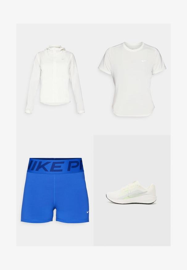 Witte Nike-jack met een capuchon, volledige rits, elastische manchetten en een subtiele logo op de borst. Gladde textuur en lichtgewicht ontwerp.; Nike T-shirt in het wit, korte mouwen, ronde halslijn, gemaakt van een gladde, lichte stof. Bevat een subtiele logo op de borst.; Blauwe sportshorts gemaakt van gladde, rekbare stof. Kenmerkt een brede tailleband met "NIKE PRO" in donkerblauw en een klein Nike-logo in het wit.; Nike Performance DOWNSHIFTER 13 - Hardloopschoenen voor op de weg - sail/silver-coloured photon dust/summit white/barely volt/black