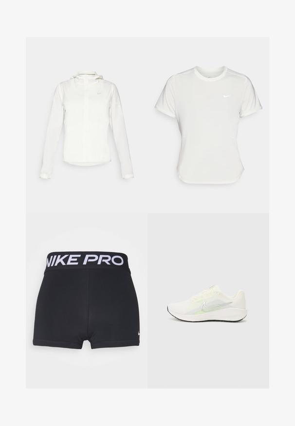 Bela Nike jakna s kapuco, polno zadrgo, elastičnimi manšetami in diskretnim logotipom na prsih. Gladka tekstura in lahko oblikovanje.; Nike majica v beli barvi, kratki rokavi, okrogla izrezana vrata, izdelana iz gladkega, lahkotnega materiala. Značilna je subtilna logo na prsnem delu.; Črne atletske kratke hlače z širokim črnim pasom, na katerem je v belem napisan "NIKE PRO". Opazna sta gladka, raztegljiva tkanina in zaključki robov.; Nike Performance DOWNSHIFTER 13 - Tekaški copati za cesto - sail/silver-coloured photon dust/summit white/barely volt/black