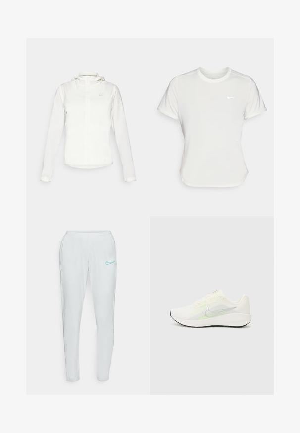 Hvit Nike-jakke med hette, hel glidelås, elastiske mansjetter og en diskret logo på brystet. Glatt tekstur og lett design.; Nike T-skjorte i hvit, kortermet, rund hals, laget av et glatt og lett materiale. Har en subtil logo på brystet.; Lyse grå treningsbukser med smal passform, elastisk midje og aqua blå Nike-logo på venstre lår. Glatt, elastisk stoff.; Nike Performance DOWNSHIFTER 13 - Løpesko for vei - sail/silver-coloured photon dust/summit white/barely volt/black
