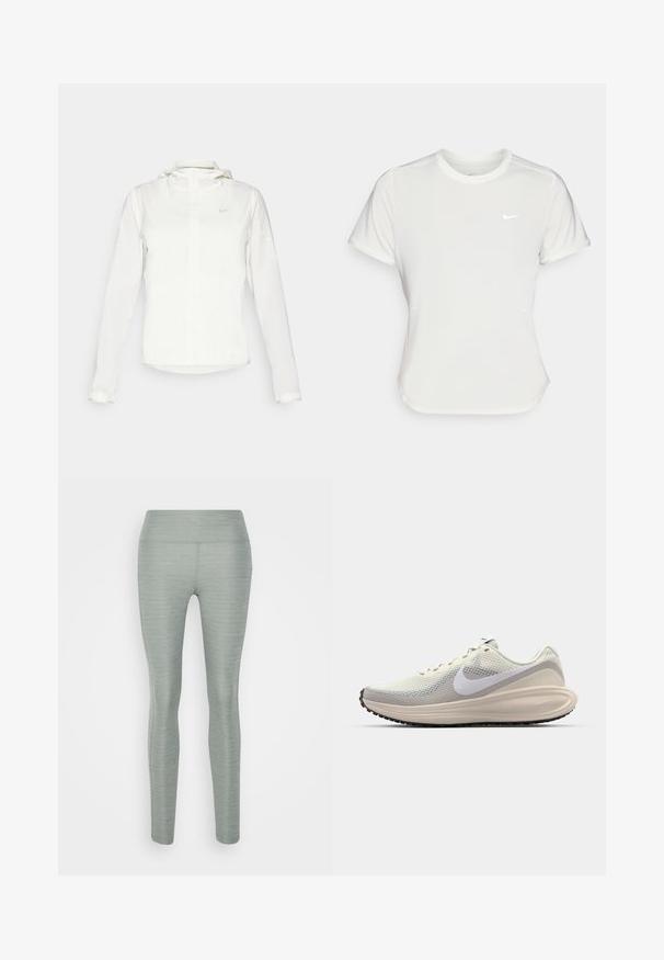 Biała kurtka Nike z kapturem, na zamek błyskawiczny, elastyczne mankiety i subtelne logo na piersi. Gładka tekstura i lekka konstrukcja.; Koszulka Nike w kolorze białym, z krótkimi rękawami, okrągłym dekoltem, wykonana z gładkiego, lekkiego materiału. Posiada subtelne logo na piersi.; Jasnozielone legginsy wykonane z elastycznego materiału, o gładkiej fakturze, wysokim stanie i dopasowanym kroju. Brak widocznych wzorów lub akcentów.; Sneakers z jasnoszarym siateczkowym wierzchem, białym logo Nike, amortyzującą środkową podeszwą, smukłym kształtem oraz czarną gumową podeszwą z wzorem bieżnika.
