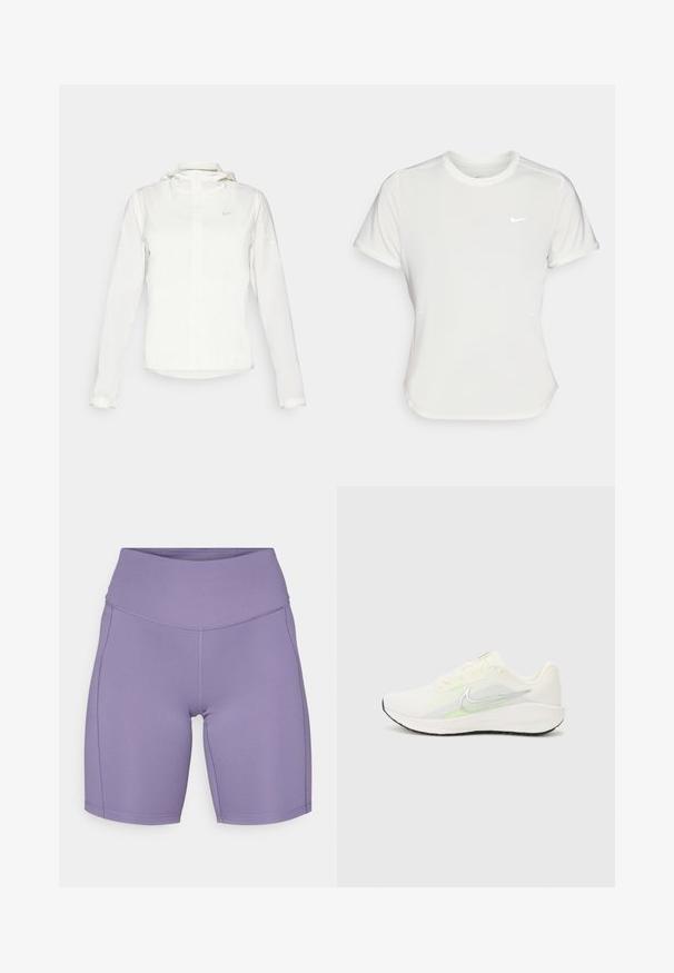 Chaqueta blanca de Nike con capucha, cremallera completa, puños elásticos y un logo sutil en el pecho. Textura suave y diseño ligero.; Camiseta Nike en blanco, de manga corta, escote redondo, hecha de una tela suave y ligera. Presenta un logo sutil en el pecho.; Nike Performance ONE SHORT - Leggings - daybreak/black; Nike Performance DOWNSHIFTER 13 - Zapatillas running asfalto - sail/silver-coloured photon dust/summit white/barely volt/black