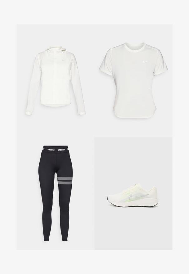 Casaco branco da Nike com capuz, fecho completo, punhos elásticos e um logótipo subtil no peito. Textura suave e design leve.; T-shirt da Nike em branco, mangas curtas, decote redondo, feito de um tecido liso e leve. Apresenta um logo discreto no peito.; Leggings pretos com cintura alta, apresentando um logo branco "STRONGER" na cintura e detalhes em malha em tiras horizontais na coxa.; Nike Performance DOWNSHIFTER 13 - Sapatos para corrida em estrada - sail/silver-coloured photon dust/summit white/barely volt/black