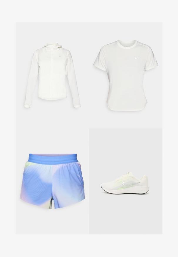 Hvit Nike-jakke med hette, hel glidelås, elastiske mansjetter og en diskret logo på brystet. Glatt tekstur og lett design.; Nike T-skjorte i hvit, kortermet, rund hals, laget av et glatt og lett materiale. Har en subtil logo på brystet.; Letteidige treningsshorts i en gradient av blått og pastellfarger. Har elastisk midje og teksturerte mønstre detaljer.; Nike Performance DOWNSHIFTER 13 - Løpesko for vei - sail/silver-coloured photon dust/summit white/barely volt/black