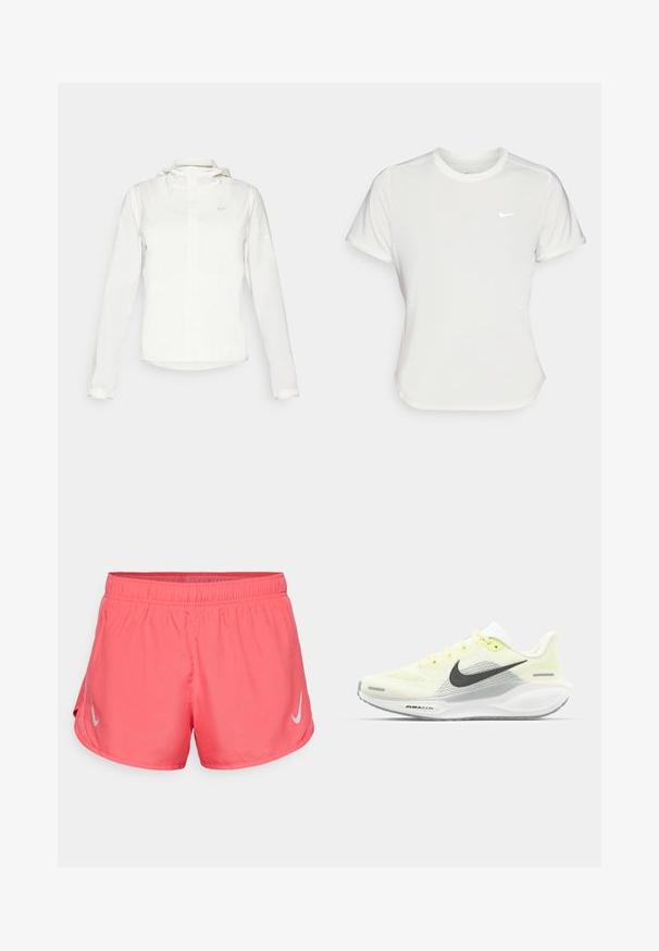 Chaqueta blanca de Nike con capucha, cremallera completa, puños elásticos y un logo sutil en el pecho. Textura suave y diseño ligero.; Camiseta Nike en blanco, de manga corta, escote redondo, hecha de una tela suave y ligera. Presenta un logo sutil en el pecho.; Pantalones cortos de running Nike en un vibrante color coral, fabricados con un material ligero. Cuentan con una cinturilla elástica y el logo plateado de Nike en la parte izquierda.; Zapatillas de correr Nike con una parte superior de malla en amarillo claro y blanco, detalles en gris y una suela de goma flexible. Cuenta con un cierre de cordones.