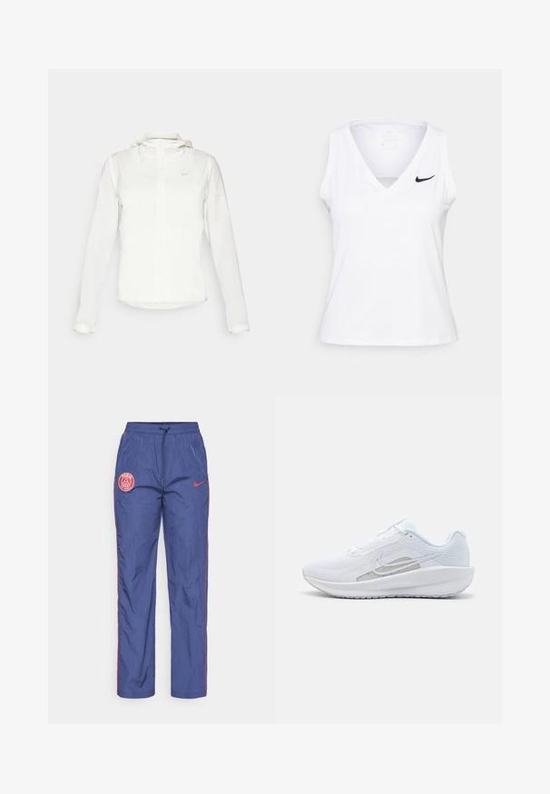 Chaqueta blanca de Nike con capucha, cremallera completa, puños elásticos y un logo sutil en el pecho. Textura suave y diseño ligero.; Top atlético sin mangas de color blanco con escote en V, detalle recortado y logo de Nike en negro en el lado izquierdo del pecho. Está confeccionado con una tela transpirable.; Pantalones de chándal Nike Paris Saint-Germain en azul con parches de logo rojos, ribetes rojos a lo largo de los lados, y cinturilla elástica con cordón.; Zapatilla deportiva blanca con parte superior de malla, punta redondeada y suela texturizada. Presenta un swoosh de Nike plateado y un diseño minimalista.