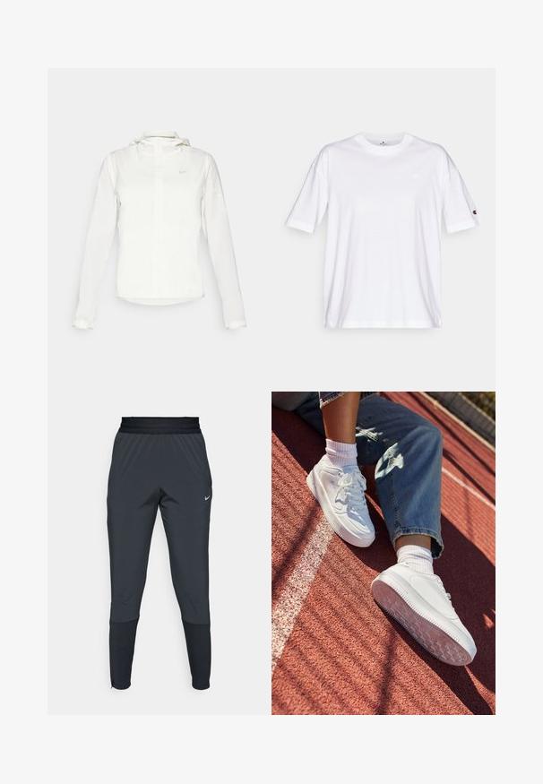 Balta Nike jaka ar kapuci, pilna rāvējslēdzēja, elastīgām piedurknēm un diskrētu logotipu uz krūšu daļas. Gluda tekstūra un viegla konstrukcija.; Balts kokvilnas T-krekls ar apaļu kakla izgriezumu, īsām piedurknēm un mazu logo kreisajā krūtī. Iezīmējas ar brīvu piegriezumu un viendabīgu krāsu.; Nike sporta bikses tumšā pelēkā krāsā, ar šauru kāju dizainu, elastīgu jostasvietu un akcentu detaļām pie apakšmalām.; Baltas ādas sporta apavi ar perforētu purngalu, plakaniem šņorēm un gumijas zoli. Valkāti ar baltām zeķēm un gaiši ziliem džinsiem, sarkanā skriešanas trasē.