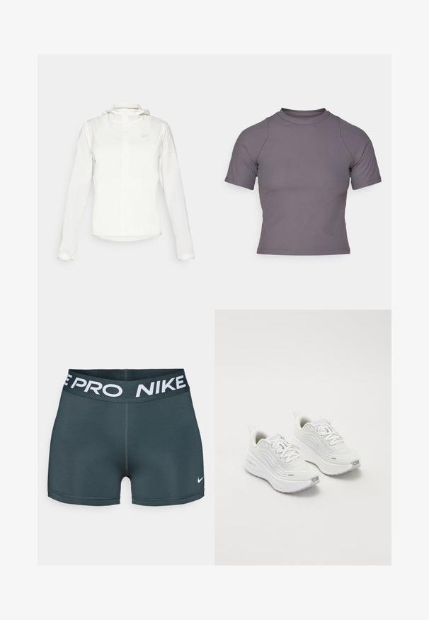 Casaco branco da Nike com capuz, fecho completo, punhos elásticos e um logótipo subtil no peito. Textura suave e design leve.; Top de mangas curtas e gola alta em tecido cinza canelado. Design ajustado com costuras planas e uma textura suave. Sem padrões ou gráficos.; Calções de desporto Nike Pro em cinza escuro com uma cintura elástica larga, apresentando "NIKE PRO" em letras brancas e um pequeno logotipo swoosh da Nike em branco.; Tênis atléticos brancos com um cabedal de malha texturizada, sola acolchoada e discretos detalhes em cinza. Inclui logótipo e aba de calcanhar em laço para facilitar o calçar.