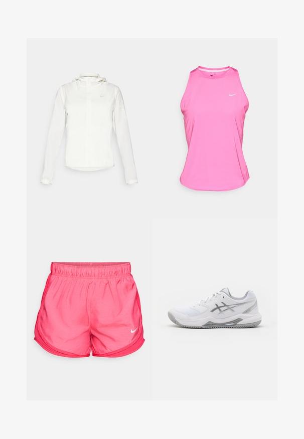 Weiße Nike-Jacke mit Kapuze, durchgehendem Reißverschluss, elastischen Bündchen und einem dezenten Logo auf der Brust. Glatte Textur und leichtes Design.; Rosa Sporttanktop aus synthetischem Material, mit rundem Ausschnitt, ärmellosem Design und kleinem weißen Nike-Logo auf der Vorderseite.; Rosa Sportshorts mit einem elastischen Bund, die ein weißes Nike-Logo in der unteren linken Ecke und ein abgerundetes Saumdesign aufweisen.; Der weiße Sportschuh verfügt über ein Obermaterial aus Mesh, silberne Akzente, strukturierte synthetische Überzüge und eine Gummisohle mit einem Zickzack-Muster.