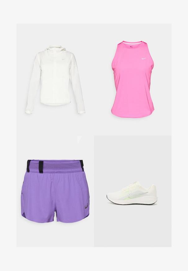 Casaco branco da Nike com capuz, fecho completo, punhos elásticos e um logótipo subtil no peito. Textura suave e design leve.; Top de atletismo cor-de-rosa feito de material sintético, apresentando um decote redondo, design sem mangas e um pequeno logótipo branco da Nike na frente.; ASICS METARUN SPLIT SHORT - Calções desportivos - edo purple; Nike Performance DOWNSHIFTER 13 - Sapatos para corrida em estrada - sail/silver-coloured photon dust/summit white/barely volt/black