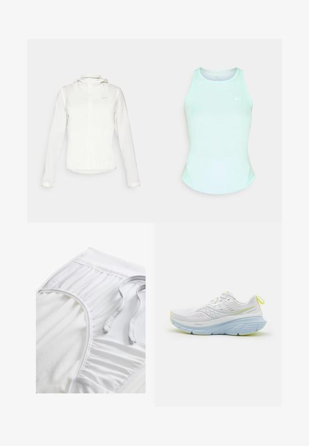 Giacca Nike bianca con cappuccio, zip completa, polsini elasticizzati e un logo discreto sul petto. Texture liscia e design leggero.; Canotta sportiva verde menta con scollatura rotonda, vestibilità aderente, design senza maniche e un piccolo logo Nike bianco sul davanti.; Pantaloni sportivi bianchi con una vita testurizzata, dettagli arricciati sui lati e un cordino piatto. Tessuto morbido con finitura liscia.; Scarpa da corsa bianca con parte superiore in rete, con accenti azzurri e una suola spessa. Dettagli gialli evidenti sulla suola e sul tab del tallone.