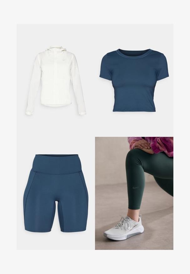 Valkoinen Nike-takki hupulla, täyspitkällä vetoketjulla, joustavilla hihansuilla ja hillityllä logolla rinnassa. Sujuva pinta ja kevyt muotoilu.; Lasku modri skrajšan majica s kratkimi rokavi, izdelana iz gladkega in raztegljivega materiala. Ima okroglo izrezano ovratnik in kratke rokave s preprostimi šivi.; Tummansinisiä treenihousuja, joissa on korkea vyötärö, sileä pinta ja tasaiset saumat. Niissä on tiukka malli, joka ulottuu puoleen reiteen.; Nike juoksukengät vaaleanharmaana, joissa on teksturoitu yläosa, harmaat yksityiskohdat ja valkoinen pohja, yhdistettynä tummanvihreisiin leggings-housuihin, joissa on LOGO.