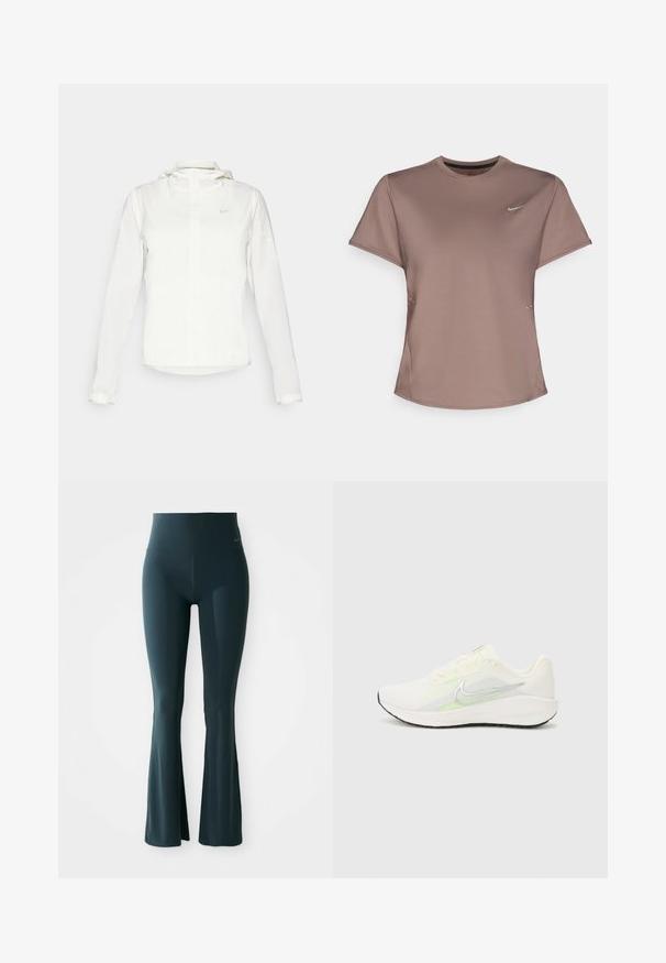 Hvit Nike-jakke med hette, hel glidelås, elastiske mansjetter og en diskret logo på brystet. Glatt tekstur og lett design.; Brun treningst-skjorte med rund hals, korte ermer og subtile splitte detaljer på sidene. Har en liten reflekterende Nike-logo på brystet.; Mørk tealfargede leggings med vid utforming og høy midje, laget av elastisk stoff. Har subtilt logodesign nær livet. Jevn tekstur.; Nike Performance DOWNSHIFTER 13 - Løpesko for vei - sail/silver-coloured photon dust/summit white/barely volt/black