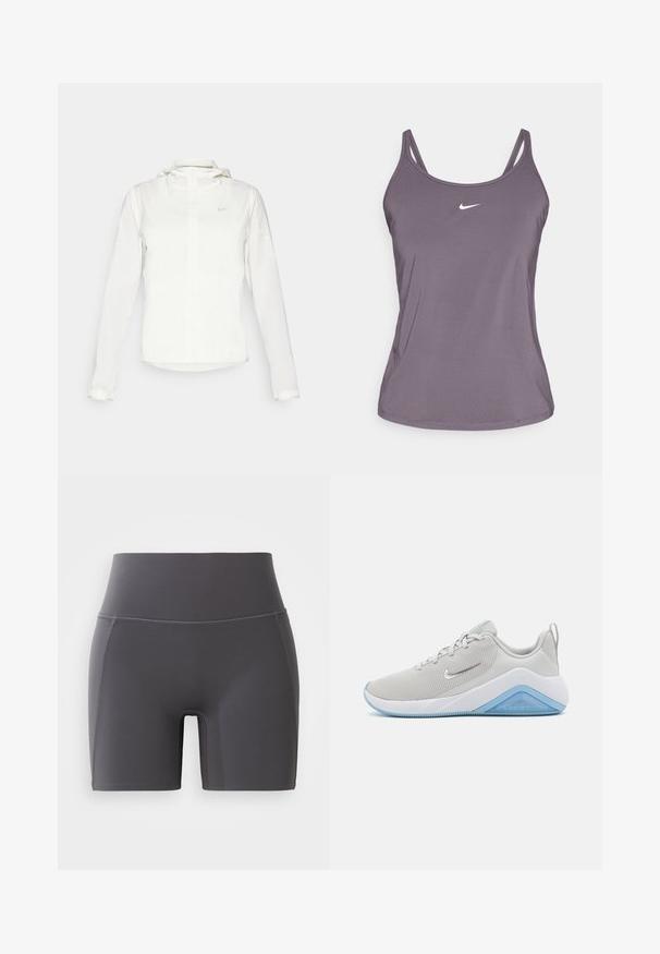 Fehér Nike dzseki kapucnival, teljes cipzárral, rugalmas mandzsettákkal és egy diszkrét logóval a mellkason. Sima textúrájú és könnyű kialakítású.; Lila sportos ujjatlan felső vékony pántokkal és kerek nyakkivágással, a mellkason egy apró fehér Nike logóval. Simaság jellemzi.; Szürke sportos short, magas derékkal, sima, rugalmas anyagból készült. Lapozott varrásokkal és testhez álló kialakítással rendelkezik.; Világosszürke sportcipő hálós felsőrésszel, fehér talppal és kék kiegészítőkkel. Simább ívekkel és texturált felülettel rendelkezik a tapadás érdekében.