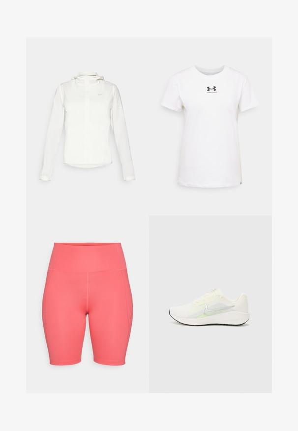 Balta Nike striukė su gobtuvu, pilnu užtrauktuku, elastingomis rankovėmis ir subtiliu logotipu ant krūtinės. Sklandi tekstūra ir lengvas dizainas.; Balta medvilnė T-marškiniai trumpomis rankovėmis. Yra juodas Under Armour logotipas ant krūtinės. Klasikinis apvalus iškirpimas. Lygus paviršius.; Aukštos juosmens koralinės dviratininkų šortai, pagaminti iš elastingos medžiagos, pasižymintys lygiu paviršiumi, šoninėmis siūlėmis ir kelių ilgio dizainu.; Nike Performance DOWNSHIFTER 13 - Bėgimo batai plentui - sail/silver-coloured photon dust/summit white/barely volt/black