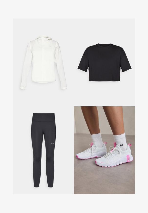 Giacca Nike bianca con cappuccio, zip completa, polsini elasticizzati e un logo discreto sul petto. Texture liscia e design leggero.; T-shirt nero cropped realizzato in tessuto morbido, con scollatura rotonda e maniche corte e larghe, dal design semplice e senza cuciture.; Leggings neri realizzati in tessuto elasticizzato, con una vita alta e un logo Nike bianco sulla coscia sinistra. Tessuto liscio, design aderente.; Scarpe sportive bianche con accenti rosa, design aerodinamico, tomaia in mesh testurizzato e suola in gomma flessibile. Presentano un logo e una linguetta per il tallone.