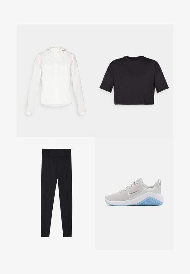 Balta Nike striukė su gobtuvu, pilnu užtrauktuku, elastingomis rankovėmis ir subtiliu logotipu ant krūtinės. Sklandi tekstūra ir lengvas dizainas.; Juodas trumpas marškinėliai, pagaminti iš minkštos medžiagos, su apvalia iškirpte ir trumpomis plačiomis rankovėmis, turintys paprastą, be siūlių dizainą.; Juodos leggingai, pasižymintys lygiu paviršiumi, aukštu juosmeniu ir siuvimo detalėmis šonuose. Dailiai priglustanti forma, tinkanti įvairioms veikloms.; Šviesiai pilki sportiniai bateliai su tinklinio audinio viršumi, balta sola ir mėlynomis akcentais. Ypatumai - sklandžios formos ir tekstūruota paviršius, suteikiantis sukibimą.
