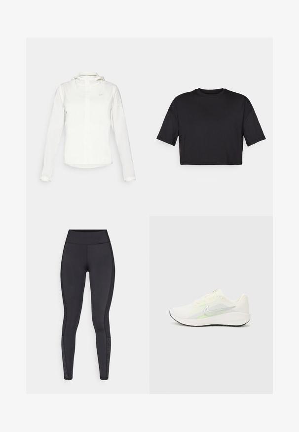 Bela Nike jakna s kapuco, polno zadrgo, elastičnimi manšetami in diskretnim logotipom na prsih. Gladka tekstura in lahko oblikovanje.; Črna skrajšana majica z mehkega blaga, s krožnim izrezom in kratkimi, širokimi rokavi, preproste, brezšivne zasnove.; Črne legice iz raztegljivega materiala. Visok pas, gladka tekstura, z vzorčastimi poudarki na spodnjem delu noge.; Nike Performance DOWNSHIFTER 13 - Tekaški copati za cesto - sail/silver-coloured photon dust/summit white/barely volt/black