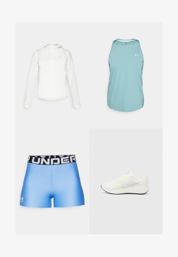 Hvid Nike-jakke med hætte, fuld lynlås, elastiske manchetter og et diskret logo på brystet. Glat tekstur og let design.; Lysblå ærmeløs atletisk tanktop lavet af glat, syntetisk materiale. Har en rund halsudskæring og et lille hvidt logo på fronten.; Under Armour HEATGEAR SHORTY - Tights - horizon blue/white; Nike Performance DOWNSHIFTER 13 - Løbesko til landevejen - sail/silver-coloured photon dust/summit white/barely volt/black