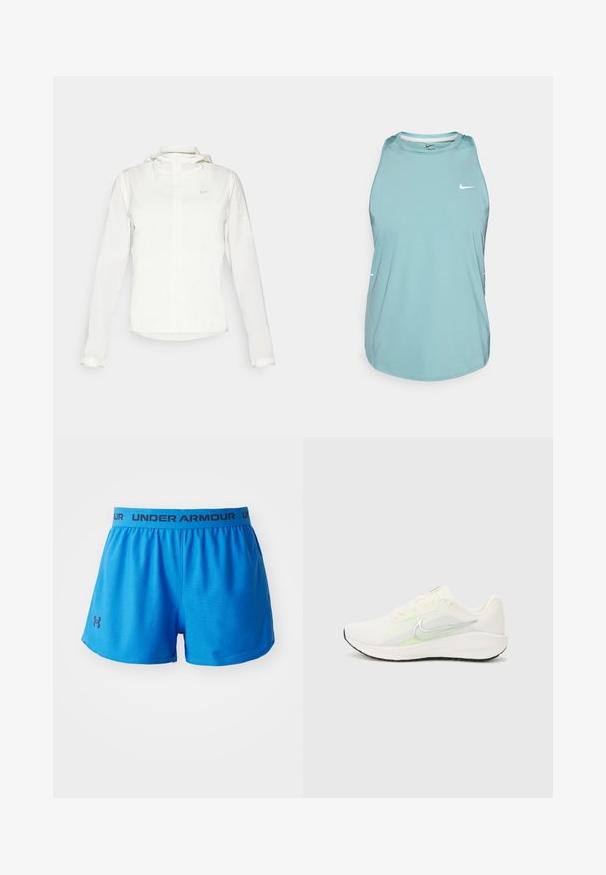 Valkoinen Nike-takki hupulla, täyspitkällä vetoketjulla, joustavilla hihansuilla ja hillityllä logolla rinnassa. Sujuva pinta ja kevyt muotoilu.; Valkoinen sininen ilmanhihoja urheilumaila, joka on valmistettu sileästä synteettisestä materiaalista. Siinä on pyöreä kaula-aukko ja pieni valkoinen logo edessä.; Siniset urheiluhousut, jotka on valmistettu kevyestä kankaasta. Varustettu joustavalla vyötäröpaidalla, jossa on "UNDER ARMOUR" -brändäys ja pieni logo sivussa.; Nike Performance DOWNSHIFTER 13 - Katujuoksukengät - sail/silver-coloured photon dust/summit white/barely volt/black
