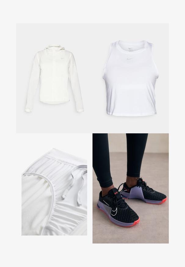 Bijela Nike jakna s kapuljačom, punim zatvaračem, elastičnim manžetama i suptilnim logotipom na prsima. Glatka textura i lagan dizajn.; Bjela bezrukavna kratka majica izrađena od glatkog Dri-FIT materijala. Ima mali sivi Nike logo na prsima i okrugli izrez.; Bijele atletske kratke hlače s teksturiranim pojasom, nabranim bočnim detaljima i ravnim vezicom. Mekani materijal s glatkom završnom obradom.; Nike Performance METCON 9 - Tenisice za trening - black/metallic silver/lilac bloom/barely grape/daybreak/bright crimson