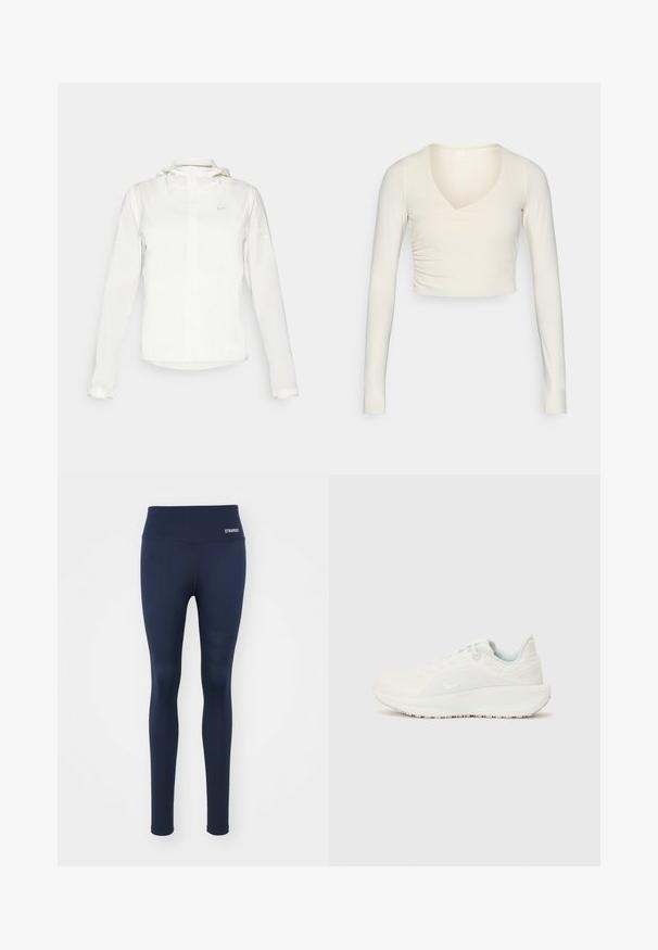 Casaco branco da Nike com capuz, fecho completo, punhos elásticos e um logótipo subtil no peito. Textura suave e design leve.; Crop top de manga longa, cor creme, com decote em V e detalhe franzido na lateral, feito de tecido elástico para um ajuste justo.; Leggings em azul-marinho feitos de tecido elástico, com um cós largo e o logótipo contrastante "STRONGER" na cintura, apresentando detalhes texturizados nas laterais.; Tênis atléticos brancos com um cabedal texturizado, colarinho almofadado e fecho de atacadores. Apresenta uma sola curva e uma marcação discreta na lateral.