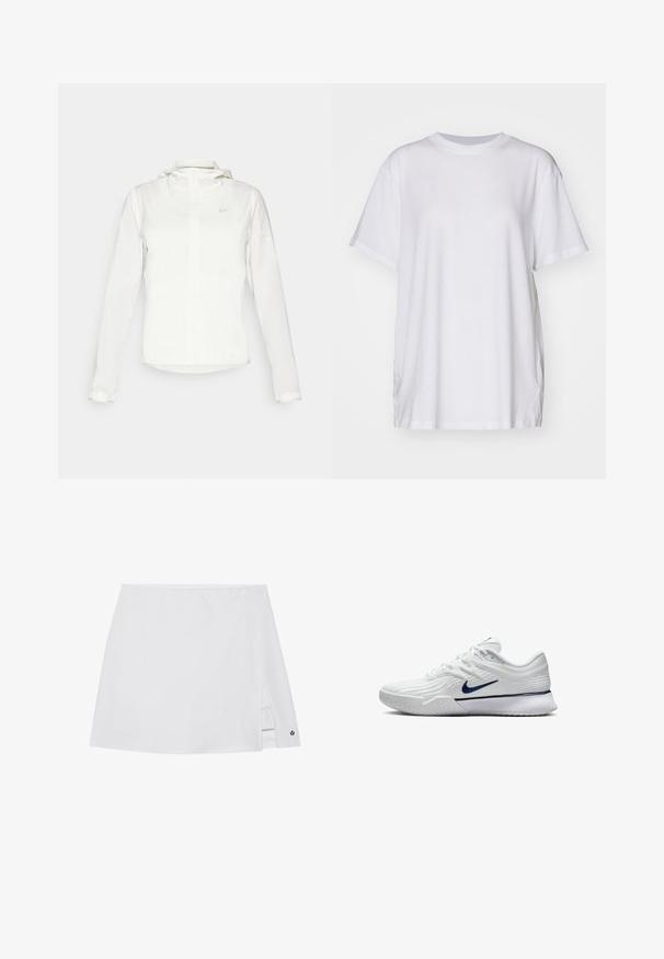 Witte Nike-jack met een capuchon, volledige rits, elastische manchetten en een subtiele logo op de borst. Gladde textuur en lichtgewicht ontwerp.; Witte oversized t-shirt van katoen, met een ronde hals, korte mouwen en zijsplitten voor een ontspannen pasvorm. Soepele textuur.; Witte sportrok met een zijsplit, een gladde stofstructuur en een klein zwart logoaccent nabij de zoom.; Witte sportschoen met een gestructureerde mesh bovenkant, marineblauwe accenten en een gevoerde zool met een gemusterde grip. Veters geïntegreerd in het ontwerp.