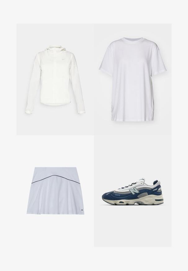 Witte Nike-jack met een capuchon, volledige rits, elastische manchetten en een subtiele logo op de borst. Gladde textuur en lichtgewicht ontwerp.; Witte oversized t-shirt van katoen, met een ronde hals, korte mouwen en zijsplitten voor een ontspannen pasvorm. Soepele textuur.; Witte sportrok met een uitlopende zoom, met een marineblauwe accentlijn rond de taille en een logo in de rechteronderhoek.; New Balance 1000 sneakers in marineblauw en grijs gaas, met een gevoerde zool, textuuraccenten en een prominent logo aan de zijkant.