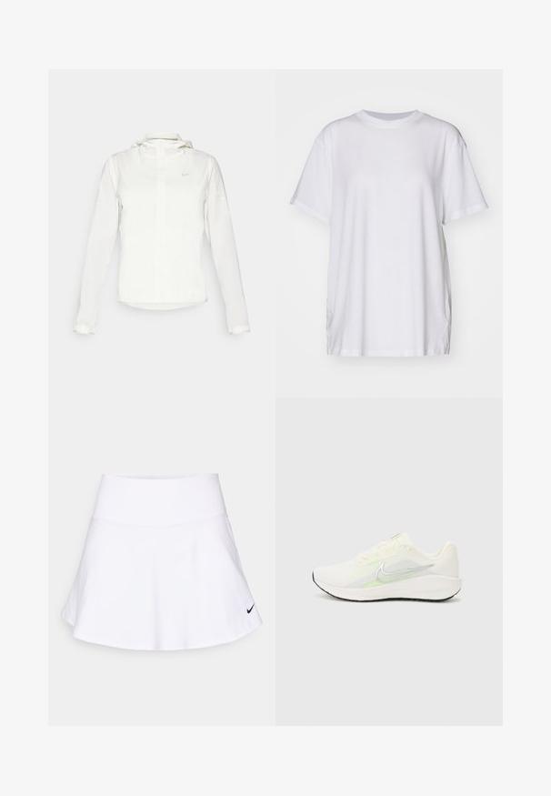 Casaco branco da Nike com capuz, fecho completo, punhos elásticos e um logótipo subtil no peito. Textura suave e design leve.; Camiseta oversized branca feita de algodão, com decote redondo, mangas curtas e rachas laterais para um ajuste descontraído. Textura suave.; Saia atlética branca, feita de um tecido leve, com um design reto e um logo da Nike preto no canto inferior direito. Textura suave.; Nike Performance DOWNSHIFTER 13 - Sapatos para corrida em estrada - sail/silver-coloured photon dust/summit white/barely volt/black