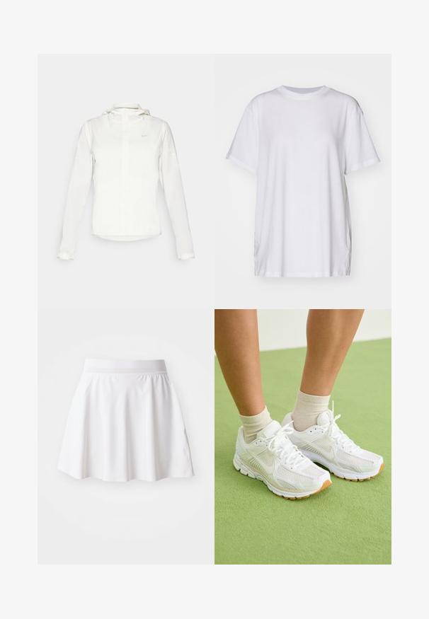Bijela Nike jakna s kapuljačom, punim zatvaračem, elastičnim manžetama i suptilnim logotipom na prsima. Glatka textura i lagan dizajn.; Bjela oversized majica od pamuka, s krojem oko vrata, kratkim rukavima i bočnim prorezima za opušteni izgled. Glatka tekstura.; Bijela suknja u obliku zvona od mekog materijala, s elastičnim pojasom i glatkom teksturom. Minimalistički dizajn bez uzoraka ili ukrasa.; Bijele atletske tenisice od mrežaste tkanine, s gumenim potplatima i bež detaljima. Nosive s svijetlim čarapama na zelenoj površini.