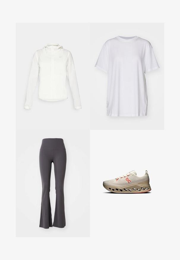 Giacca Nike bianca con cappuccio, zip completa, polsini elasticizzati e un logo discreto sul petto. Texture liscia e design leggero.; T-shirt bianco oversize in cotone, con colletto a girocollo, maniche corte e spacchi laterali per una vestibilità rilassata. Texture liscia.; Pantaloni yoga grigi a campana realizzati in tessuto elasticizzato. Vita alta e texture liscia, con un design aderente che si allarga verso il fondo.; Scarpe atletiche beige chiaro con una parte superiore testurizzata, accenti rossi e una suola innovativa con fori per la traspirabilità e l'ammortizzazione.