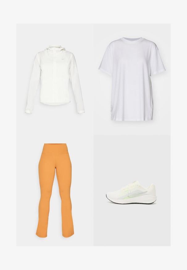 Fehér Nike dzseki kapucnival, teljes cipzárral, rugalmas mandzsettákkal és egy diszkrét logóval a mellkason. Sima textúrájú és könnyű kialakítású.; Fehér, nagyméretű pamut póló, kerek nyakkivágással, rövid ujjakkal és oldalsó hasítékokkal a laza illeszkedés érdekében. Simma textúra.; Narancssárga, bővülő leggings, magas derékkal, rugalmas anyagból készült. Simító textúrával és diszkrét logóval a derékon.; Nike Performance DOWNSHIFTER 13 - Utcai futócipők - sail/silver-coloured photon dust/summit white/barely volt/black