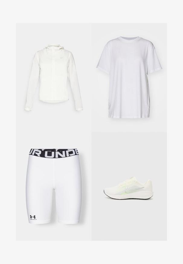 Hvit Nike-jakke med hette, hel glidelås, elastiske mansjetter og en diskret logo på brystet. Glatt tekstur og lett design.; Hvit oversized t-skjorte laget av bomull, med rund hals, korte ermer og sidesliss for en avslappet passform. Glatt tekstur.; Under Armour AUTHENTICS SHORT - Tights - white/black; Nike Performance DOWNSHIFTER 13 - Løpesko for vei - sail/silver-coloured photon dust/summit white/barely volt/black