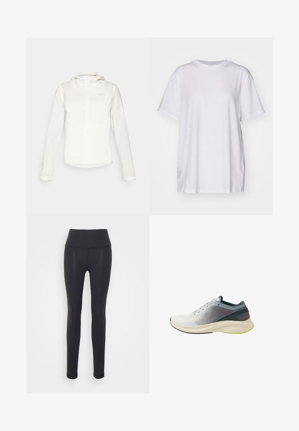 Bílá bunda Nike s kapucí, plným zipem, elastickými manžetami a decentním logem na hrudi. Hladká textura a lehký design.; Bílé oversized tričko vyrobené z bavlny, s kulatým výstřihem, krátkými rukávy a bočními rozparky pro uvolněný střih. Hladká textura.; Černé legíny vyrobené z pružného materiálu, s vysokým pasem, přiléhavým střihem a bezešvou konstrukcí, vhodné pro aktivní nošení.; Lehká běžecká obuv s texturovaným šedobílým síťovaným svrškem, flexibilní podrážkou a limetkově zeleným akcentem na podešvi.