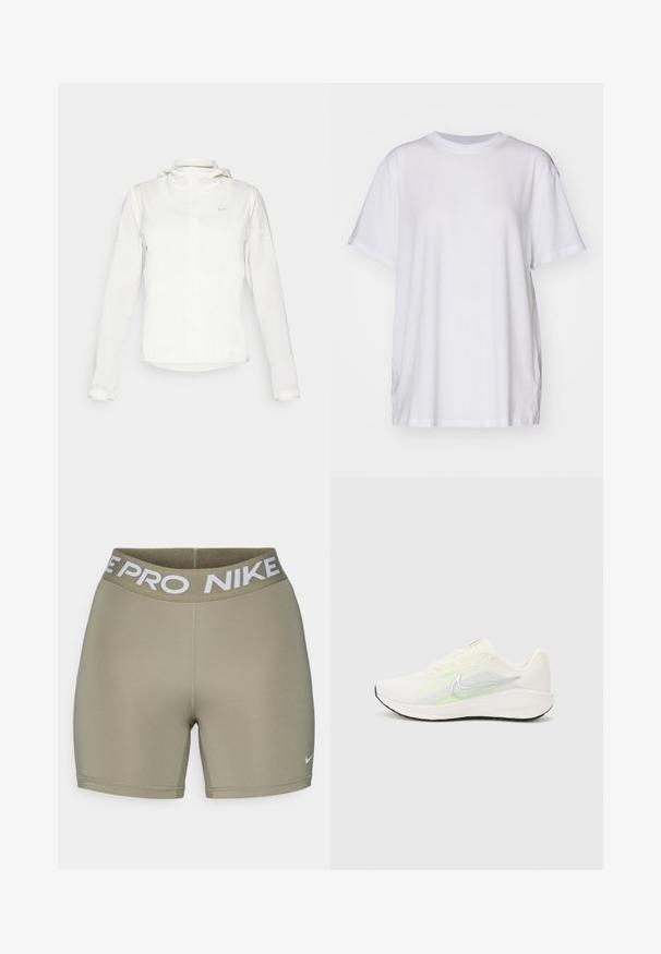 Biała kurtka Nike z kapturem, na zamek błyskawiczny, elastyczne mankiety i subtelne logo na piersi. Gładka tekstura i lekka konstrukcja.; Biały, oversize'owy T-shirt wykonany z bawełny, z okrągłym dekoltem, krótkimi rękawami i bocznymi rozcięciami, zapewniający luźny krój. Gładka faktura.; Oliwkowe szorty sportowe z grubym białym elastycznym pasem, na którym widnieje napis "NIKE PRO". Gładki, elastyczny materiał z detalami szwów.; Nike Performance DOWNSHIFTER 13 biały