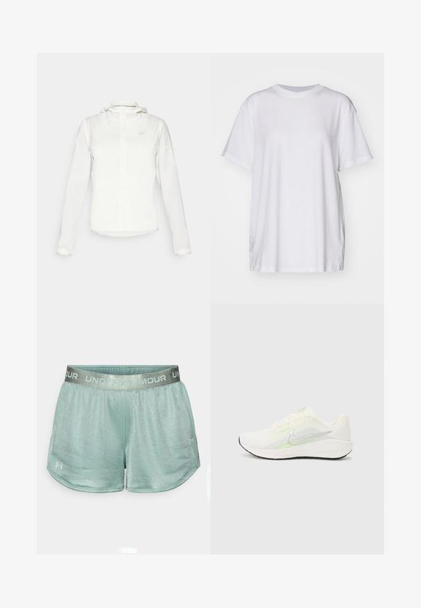 Casaco branco da Nike com capuz, fecho completo, punhos elásticos e um logótipo subtil no peito. Textura suave e design leve.; Camiseta oversized branca feita de algodão, com decote redondo, mangas curtas e rachas laterais para um ajuste descontraído. Textura suave.; Calções desportivos verde claro com um tecido texturizado, cintura elástica com o logótipo "UNDERARMOUR" e pequenas rachas laterais na bainha.; Nike Performance DOWNSHIFTER 13 - Sapatos para corrida em estrada - sail/silver-coloured photon dust/summit white/barely volt/black
