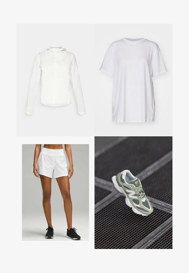 Giacca Nike bianca con cappuccio, zip completa, polsini elasticizzati e un logo discreto sul petto. Texture liscia e design leggero.; T-shirt bianco oversize in cotone, con colletto a girocollo, maniche corte e spacchi laterali per una vestibilità rilassata. Texture liscia.; Pantaloni sportivi bianchi con vita elasticizzata, caratterizzati da una texture leggera e liscia e una vestibilità rilassata. Indossati con scarpe da corsa nere.; Scarpa da corsa verde e beige realizzata in materiali in rete e sintetici, con una forma arrotondata, dettagli testurizzati e un logo prominente sul lato.