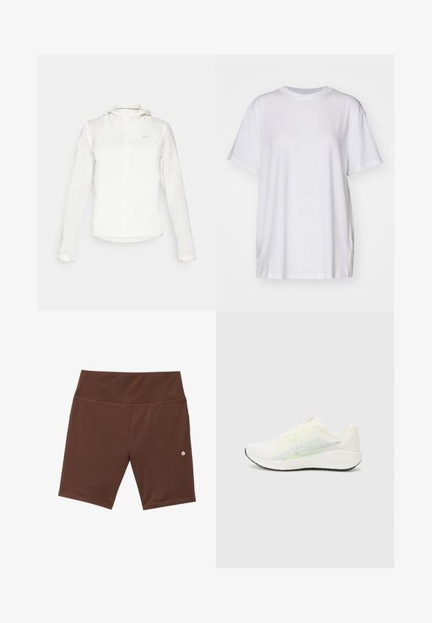 Giacca Nike bianca con cappuccio, zip completa, polsini elasticizzati e un logo discreto sul petto. Texture liscia e design leggero.; T-shirt bianco oversize in cotone, con colletto a girocollo, maniche corte e spacchi laterali per una vestibilità rilassata. Texture liscia.; Pantaloni sportivi marrone con vita alta, cuciture piatte e un piccolo logo bianco in basso a sinistra. Realizzati in un materiale elastico e traspirante.; Nike Performance DOWNSHIFTER 13 - Scarpe da corsa su strada - sail/silver-coloured photon dust/summit white/barely volt/black