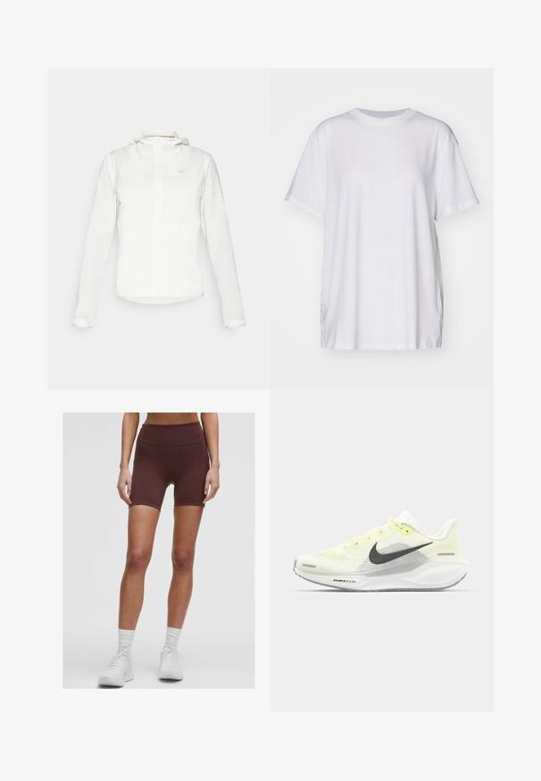 Witte Nike-jack met een capuchon, volledige rits, elastische manchetten en een subtiele logo op de borst. Gladde textuur en lichtgewicht ontwerp.; Witte oversized t-shirt van katoen, met een ronde hals, korte mouwen en zijsplitten voor een ontspannen pasvorm. Soepele textuur.; lululemon Swift Speed High-Rise 15cm - Shorts - goodnight plum; Nike hardloopschoenen met een lichtgele en witte mesh bovenkant, grijze accenten en een flexibele rubberen zool. Voorzien van een vetersluiting.