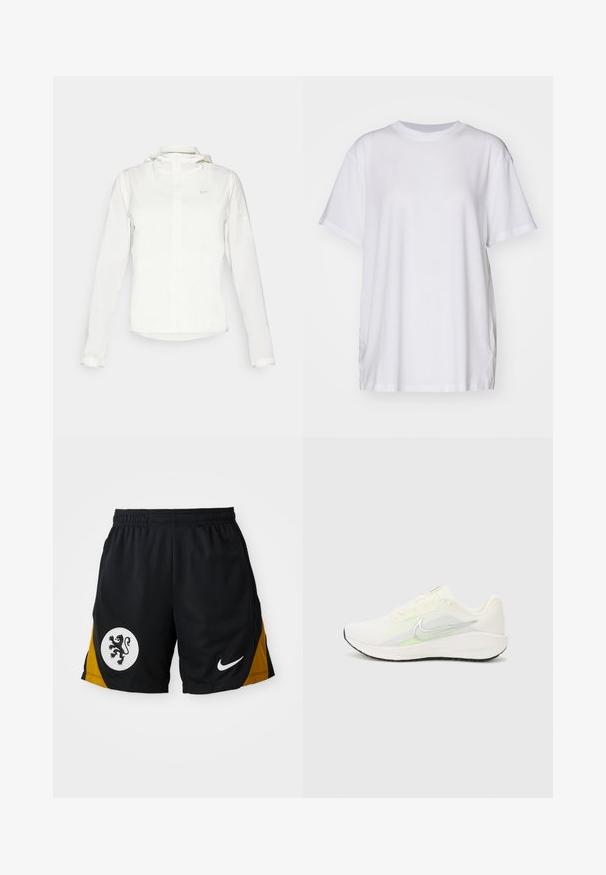 Hvid Nike-jakke med hætte, fuld lynlås, elastiske manchetter og et diskret logo på brystet. Glat tekstur og let design.; Hvid oversized t-shirt lavet af bomuld, med rund halsudskæring, korte ærmer og sideslids for en afslappet pasform. Glat tekstur.; Sorte atletiske shorts med et gult accentpanel, et hvidt cirkulært emblem med en sort løve og et hvidt Nike-logo på kanten.; Nike Performance DOWNSHIFTER 13 - Løbesko til landevejen - sail/silver-coloured photon dust/summit white/barely volt/black
