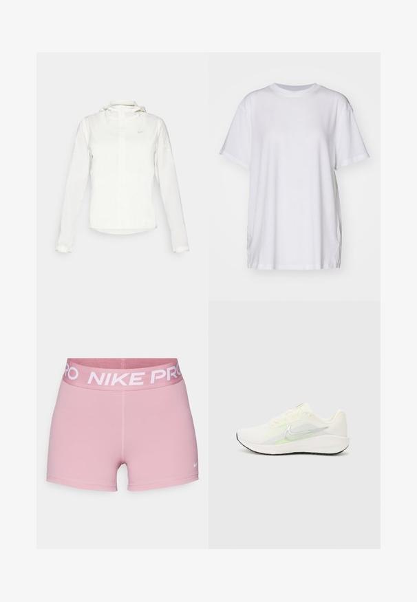 Fehér Nike dzseki kapucnival, teljes cipzárral, rugalmas mandzsettákkal és egy diszkrét logóval a mellkason. Sima textúrájú és könnyű kialakítású.; Fehér, nagyméretű pamut póló, kerek nyakkivágással, rövid ujjakkal és oldalsó hasítékokkal a laza illeszkedés érdekében. Simma textúra.; Rózsaszín sportnadrág, rugalmas anyagból készült, széles, puha derékrésszel, rajta fehér "NIKE PRO" logóval és egy kis Nike pörren a lábon.; Nike Performance DOWNSHIFTER 13 - Utcai futócipők - sail/silver-coloured photon dust/summit white/barely volt/black