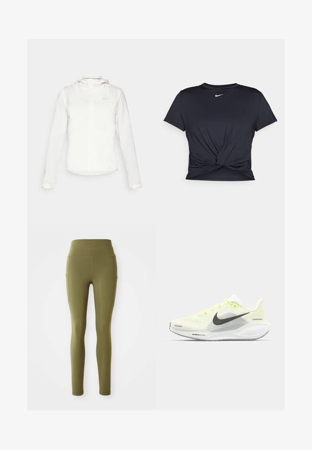 Biała kurtka Nike z kapturem, na zamek błyskawiczny, elastyczne mankiety i subtelne logo na piersi. Gładka tekstura i lekka konstrukcja.; Czarna sportowa koszulka z gładkiego materiału, z wiązanym przodem i małym białym logo Nike na piersi.; Zielono-oliwkowe legginsy z wysokim stanem, z bocznymi kieszeniami i detalami szwów, ułożone na płasko na białym tle.; Biegi Nike z lekką żółtą i białą siateczką cholewy, szarymi akcentami i elastyczną gumową podeszwą. Posiada klasyczne sznurowanie.