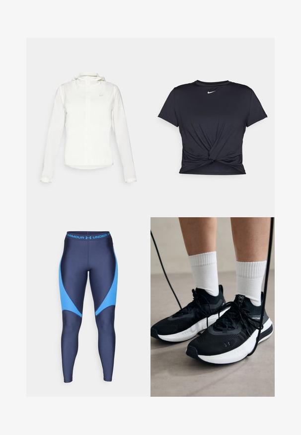 Witte Nike-jack met een capuchon, volledige rits, elastische manchetten en een subtiele logo op de borst. Gladde textuur en lichtgewicht ontwerp.; Zwarte sportieve T-shirt van gladde stof, met een geknoopt ontwerp aan de voorkant en een klein wit Nike-logo op de borst.; Navy legging met lichtblauwe accenten, gemaakt van een gladde, rekbare stof. Heeft een brede tailleband met het merkje in het blauw.; Zwarte sportschoenen van gestructureerde stof, met een witte zool en zwarte veters. Draag ze met witte geribde sokken, staand op een lichte ondergrond.