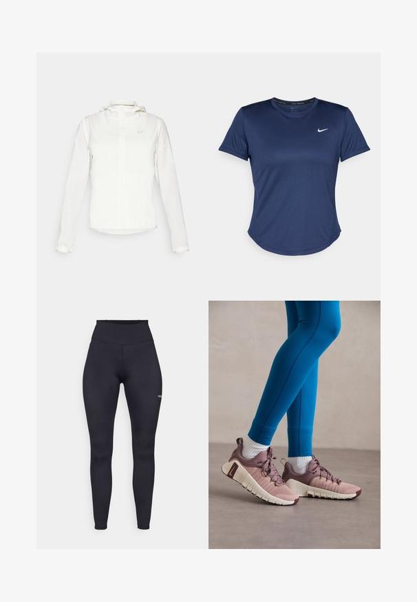 Bela Nike jakna s kapuco, polno zadrgo, elastičnimi manšetami in diskretnim logotipom na prsih. Gladka tekstura in lahko oblikovanje.; Temno modra športna majica s kratkimi rokavi, okroglim izrezom in logotipom Nike na prsih. Narejena iz gladkega, lahkega materiala.; Visoko pasne črne legice iz raztegljive tkanine, ki imajo gladko teksturo in majhen logotip na spodnjem delu noge. Kostumiran dizajn.; Športni čevlji v svetlo rožnati in bež barvi z strukturiranimi stranskimi paneli, rjavimi detajli in fleksibilnimi podplati. Nosi se z modrimi legingi in belimi nogavicami.